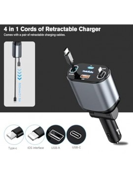 4 in 1 Retractable Car Charger, USB C Fast Charging Adapter