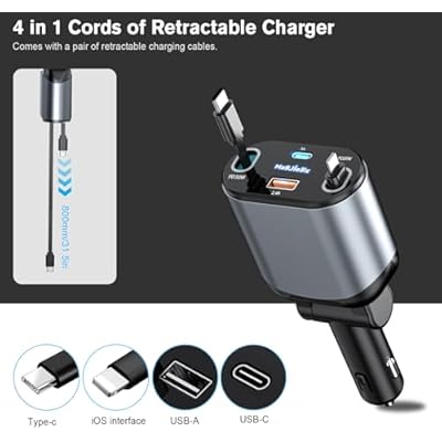 4 in 1 Retractable Car Charger, USB C Fast Charging Adapter